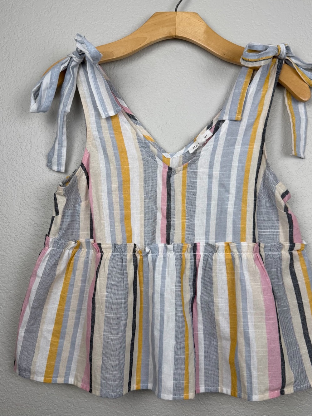 Blu Pepper Striped Tie-Shoulder Tank Top in Blue, Mustard & Pink Size S